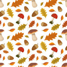 Seamless Pattern With Acorns, Fly Agaric Mushroom With Red Cap And Oak Leaves. Bright Autumn Print With Nature And Forest Plants On White Background. Vector Flat Illustration
