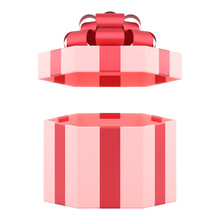 Festive Hexagonal Box With Open Lid. Christmas Pink Surprise Tied With Luxurious Red Satin Ribbon Bow Top