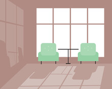 Interior Of Room With Armchair As Study Flat Vector Illustration With Window And Shadow In Evening And Nobody