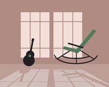 Interior Of Room With Guitar And Rocking Chair For Design And Overlap, Flat Vector Illustration With Window And Shadow In Evening
