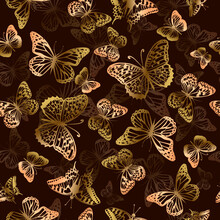 Golden Butterflies On A Brown Background. Seamless Pattern. Vector Illustration