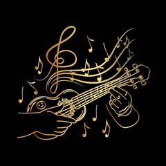 Concept of inspired ukulele playing, hand-drawn doodle. Little guitar. Hawaii. Flying notes. Music. Inspiration. Fingering with fingers. Gold gradient. Isolated vector illustration on black background