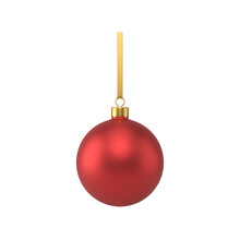 Red Glass Ball On Gold 3d Ribbon. Christmas Sphere With Matte Surface Tied By Strip