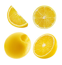 Set Of Lemon Different Pieces On Transparent Background. Whole Fruit, Half And A Few Juicy Slices. Citrus Fruit For Cosmetics Or Organic Food Packaging Design. Source Of Vitamin C. Cut Out Elements.