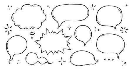 Poster - Hand drawn speech bubble set. Sketch comic doodle style speech bubble for text quote. Doodle outline dialog balloon. Vector illustration.