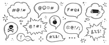 Swear Word Speech Bubble Set. Curse, Rude, Swear Word For Angry, Bad, Negative Expression. Hand Drawn Doodle Sketch Style. Vector Illustration