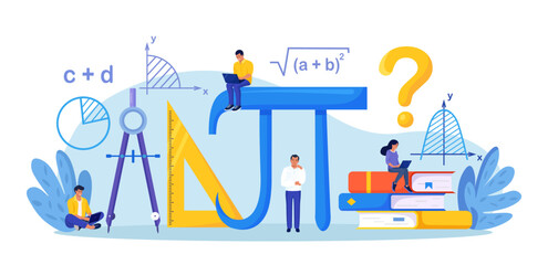 Math Science Concept. Tiny Students Characters in Lab or School Class Learning Mathematics. People Studying Arithmetics, Algebra. Science, Engineering Education. Maths Analysis, Conjecture Computing