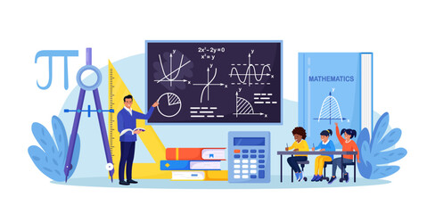 Wall Mural - Math school subject. Pupils studying mathematics in classroom. Teacher pointing at chalkboard, teaching kids. Children at desks learn maths, arithmetics, algebra and geometry. Education, knowledge