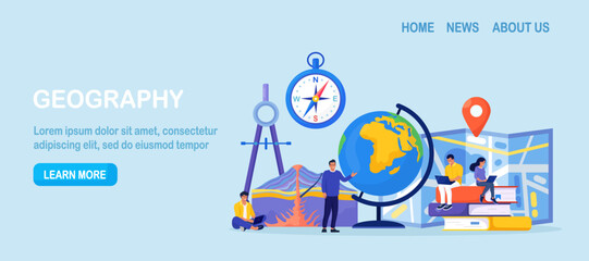 Wall Mural - Geography school subject. People research cross section of volcano. Students studying atlas, lands, features, inhabitants of the Earth. Cartography and navigation, geology, environment research