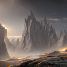 Misty Mountains With Steep Jagged Cliffs. 