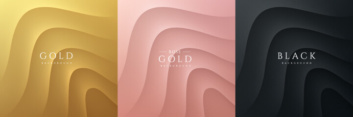 Wall Mural - Set of abstract 3D waves ripples pattern on golden, pink gold, black background. Curve topography contour lines texture with light and shadow. Luxury and elegant template design. Vector illustration.