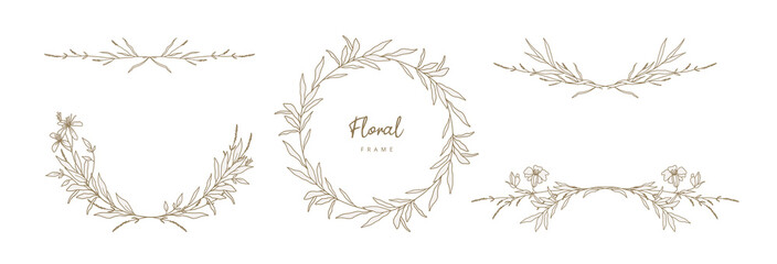 Wall Mural - Hand drawn floral frame and dividers with flowers and leaves.Elegant logo template.Vector illustration vintage decorative elements for label,branding business identity,wedding invitation,greeting card
