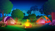 Camping in the forest at night with different tent, lights campfire, trees, cartoon landscape