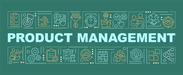 Wall Mural - product management word concepts dark green banner. business. infographics with icons on color backg