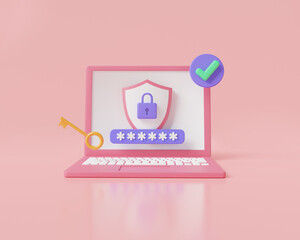 Laptop screen with lock icon and password. Locked laptop screen, laptop protection, laptop or notebook security, Personal data security. Security shield lock concept. 3d render illustration