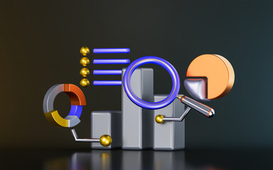 Wall Mural - business line chart with pie magnify glass on dark background 3d render concept for data research