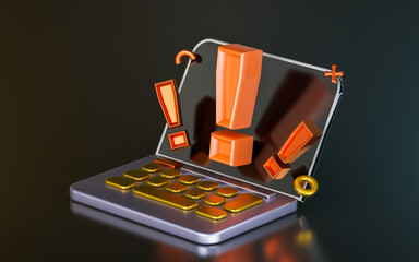 Wall Mural - laptop with exclamation sign on dark background 3d render concept for system warning
