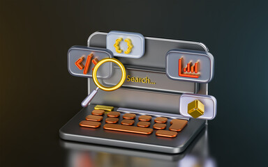Wall Mural - laptop with chart magnify glass coding sign on dark background 3d render concept for monitoring