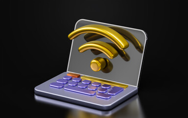 Wall Mural - laptop with wifi sign on dark background 3d render concept for wireless net connection system