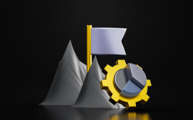 Wall Mural - pie chart with gear hill flag sign dark background 3d render concept for business marketing analyze
