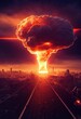 A creepy mushroom nuclear bomb explosion in a metropolis. A nuclear apocalyptic catastrophe. 3D rendering