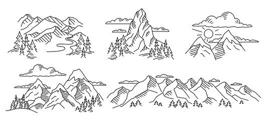 Mountains landscape. Line sketch. Illustration set. Vector editable outline stroke thickness.