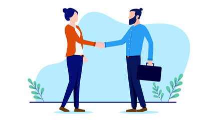 Wall Mural - Handshake man and woman - Businessman and businesswoman shaking hands over business deal and agreement. Flat design vector illustration with white background