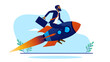 © Knut - Ambitious black businessman on rocket - African man flying upwards on spaceship racing for success in career and business. Flat design vector illustration with white background