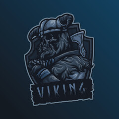 Viking Skeleton Helmet and Armor Barbarian Odin Ancient Knight Gladiator Warrior with Axe Weapon Esport Mascot Vector Logo Illustration