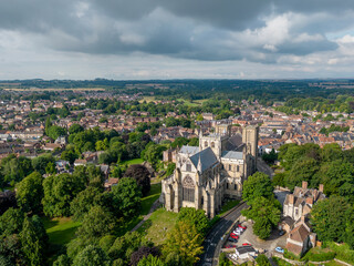 Wall Mural - Ripon Cathedral North Yorkshire place of worship church and wedding venue. Drone aerial view of Ripon town centre and cathedral. Yorkshire England, United Kingdom 