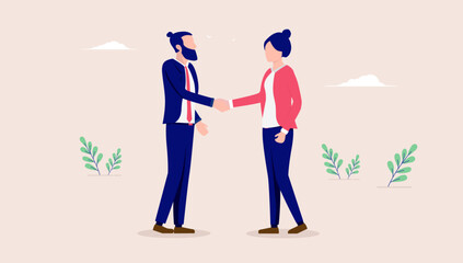 Aufkleber - Business handshake man and woman - Two people of different gender shaking hands over deal and agreement. Flat design vector illustration