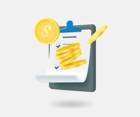 Poster - Paperclip with checklist and golden coins. Receiving payment concept. 3d vector isolated illustration