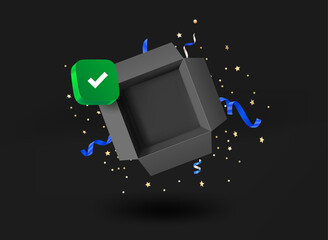 Aufkleber - Opened gift box with checkmark icon. 3d vector illustration