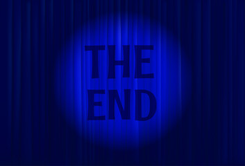Poster - Blue cinema curtains with light beam and unscription The end. Vector illustration