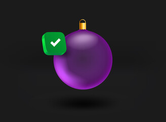 Aufkleber - Violet christmas bauble with checkmark icon. 3d vector illustration