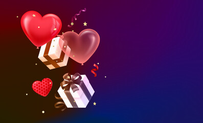 Wall Mural - Valentines day banner with falling gift boxes and air balloons. 3d vector banner with copy space
