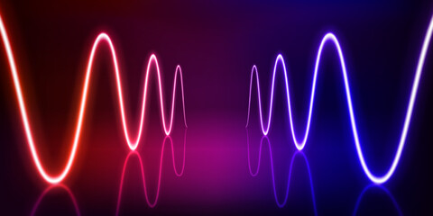 Poster - Illuminated interior with empty stage and neon glowing waves. 3d vector illustration