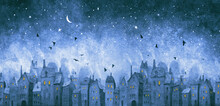 Spooky City In The Night. Little Houses With Lightened Windows. Digital Illustration