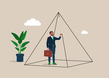 Businessman Drawing Pyramid Around Himself Creating Limits And Borders. Set Privacy Zone, Personal Barrier To Focus Or Work Boundary, Space To Be With Yourself.