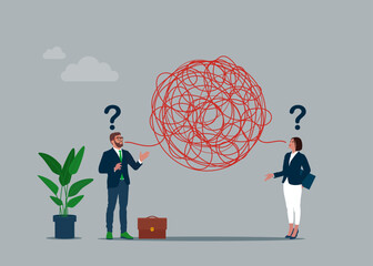 Businessman and woman have troubles with understanding each other. Problems in communication. Misunderstanding create confusion in work, miscommunicate unclear information. Vector illustration.