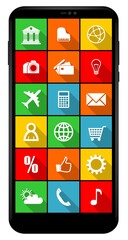Leinwandbilder - Mobile phone vector mockup. Front view of multimedia smartphone with application icons