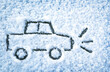 Hand drawing (painted) car on snow in the winter day. Transport, winter, weather, sale concept.