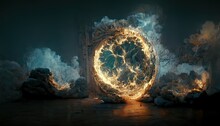 The Portal In The Rubble Of The Stone Wall Is Shrouded In Smoke.3D Rendering