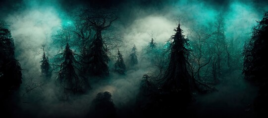 Poster - Black silhouettes of trees stand in a forest shrouded in mist. 3D rendering