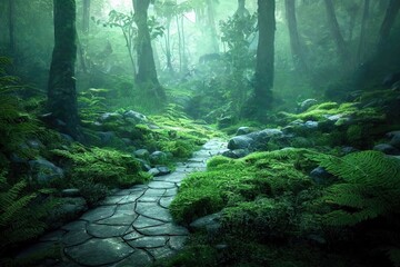 Sticker - The stone trail winds through the green trees of the rainforest. 3D rendering