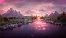 A River Runs Through The Valley Of The Mountains.3D Rendering