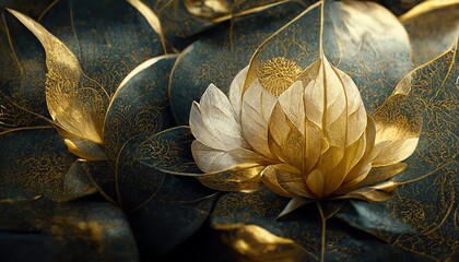 The flower bud is lined with leaves poised in gold ornamentation.3D illustration