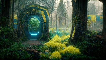 Canvas Print - In a dense green forest, a portal to a different dimension. 3D rendering