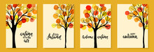 Happy Autumn Brush Pen Lettering. Watercolor Splash Yellow And Orange Stain Leaves And Graphic Black Tree Silhouette. Design Holiday Greeting Card And Invitation Of Fall, Autumn Holiday