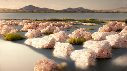 Saline, lake with heap of natural pink salt, abstract background